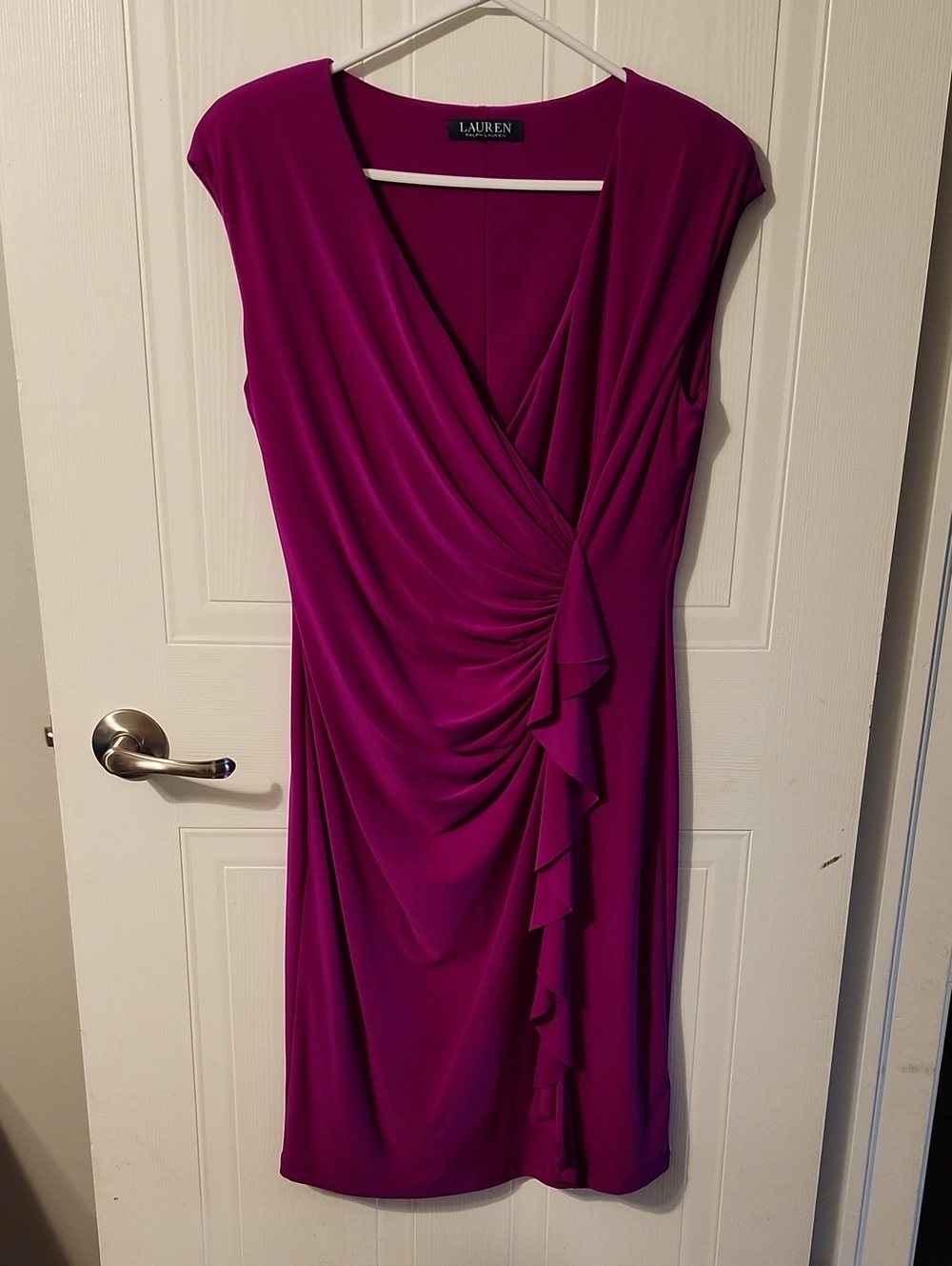 Lauren Ralph Lauren Deep Magenta Faux-Wrap Ruffle Midi Dress